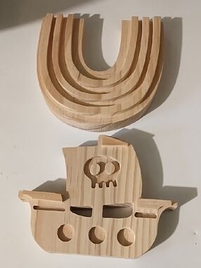 Natural Wood Pirate Ship & Rainbow Wall Art Set - Neutral Wood Home Decor NWT.